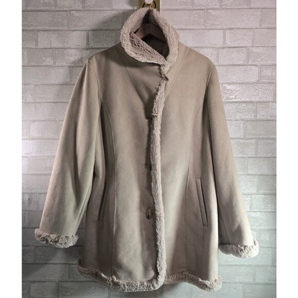 Beige Faux Suede & Fur Lined Jacket Coat Size L Women's Jones New York - Picture 2 of 8